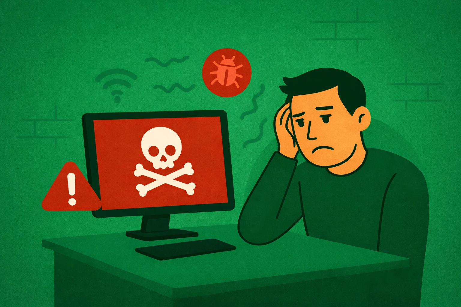 Frustrated man in red shirt at desk with warning symbols on screen needing tech help in Cedar Rapids.