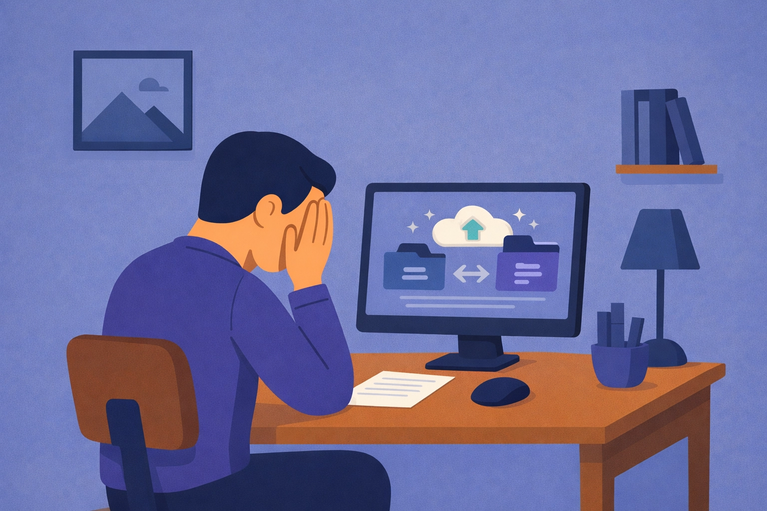 Overwhelmed man at home office setting up backup on computer with practical tech help nearby.