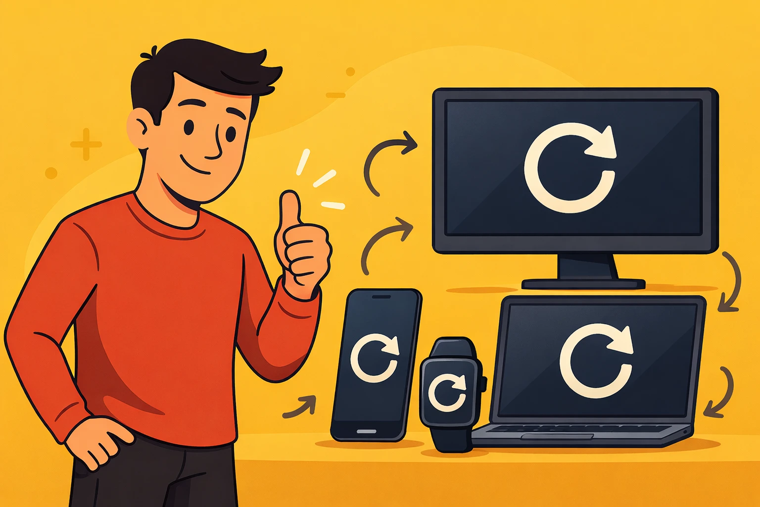 Man smiling while restarting his home tech setup with a phone and smart devices nearby.