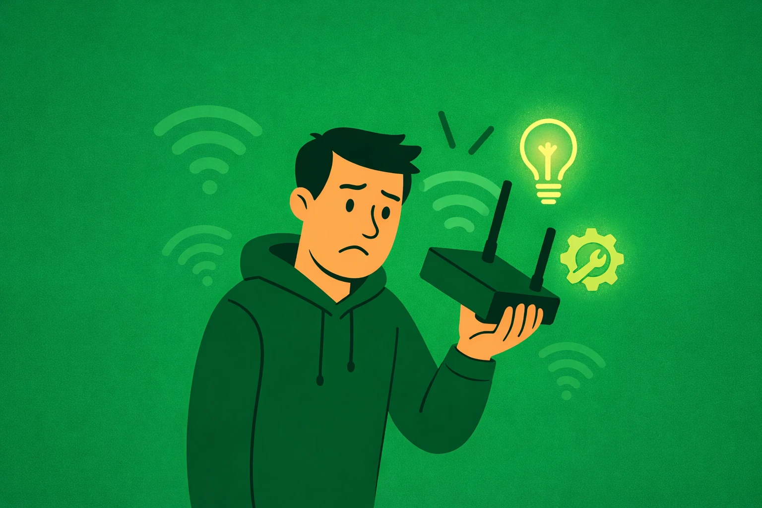 Frustrated man holding Wi-Fi router with weak signal icons and green tech help background in Cedar Rapids.