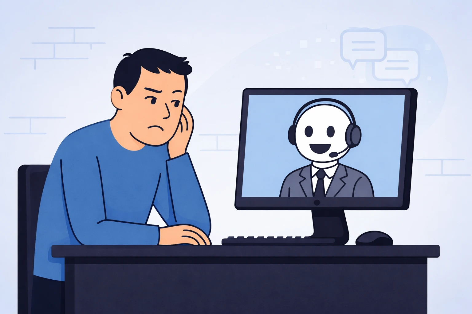 Annoyed man talking to robot support agent on screen during fake AI tech support session.