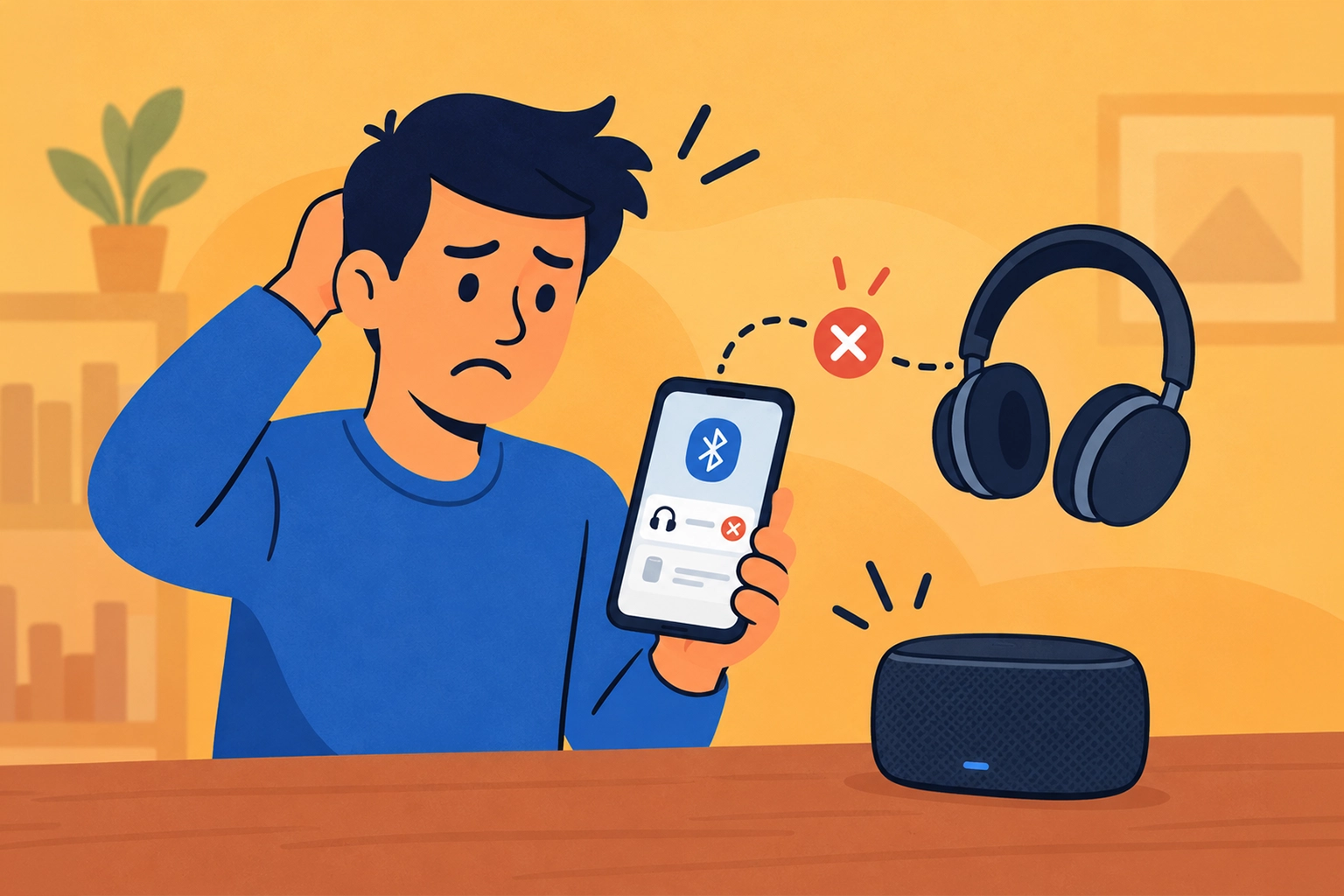 Illustration of a man checking a failed Bluetooth connection between his phone, headphones, and speaker.