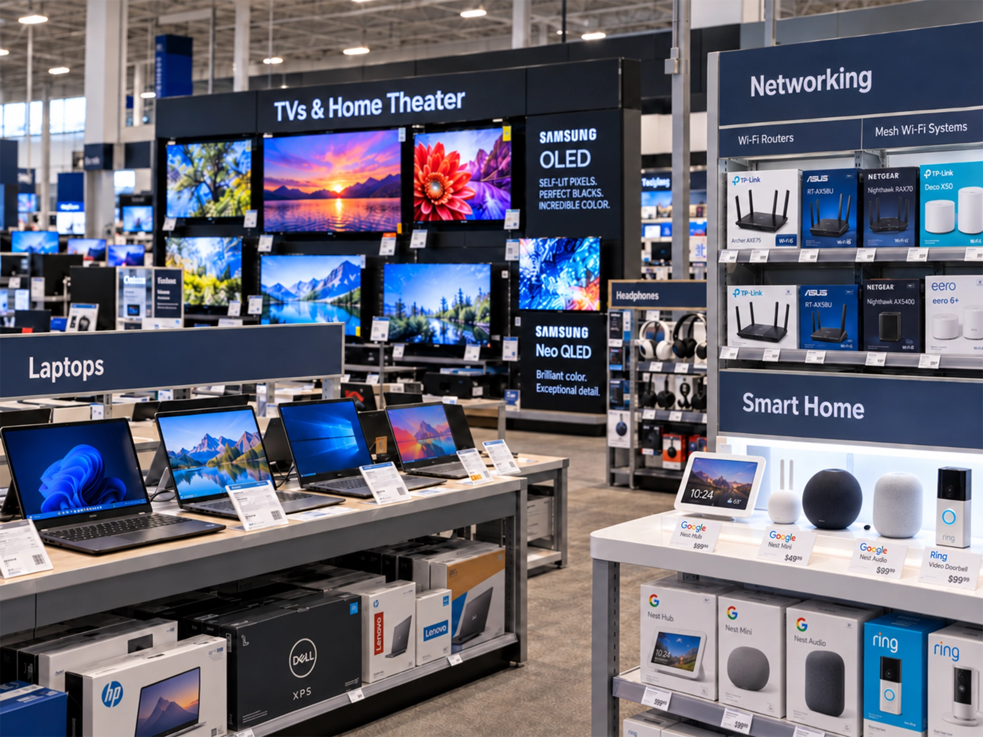 Laptops, TVs, Wi-Fi routers, and smart home devices on display in an electronics store.